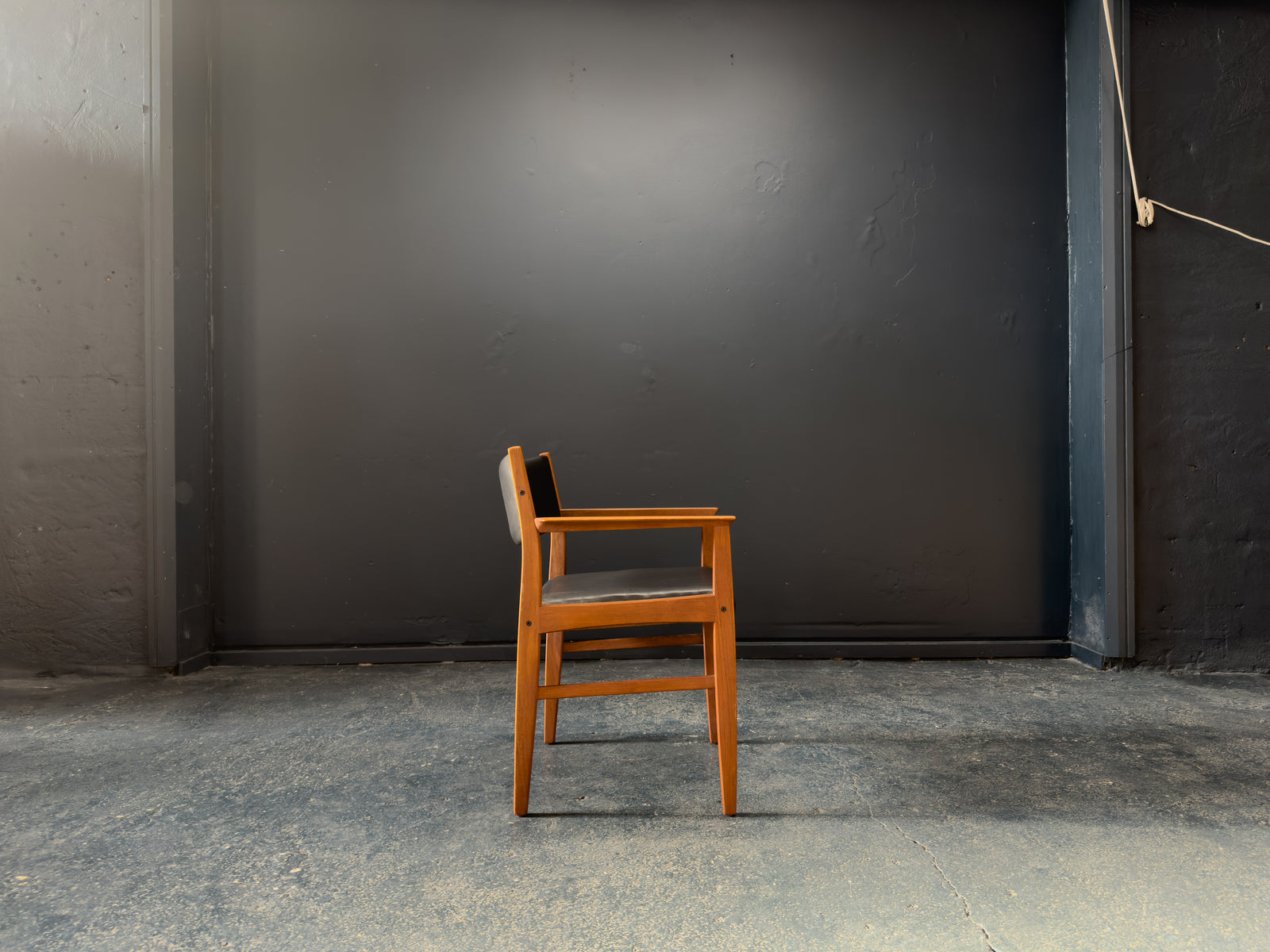 Teak and Black Leather Carver Chair