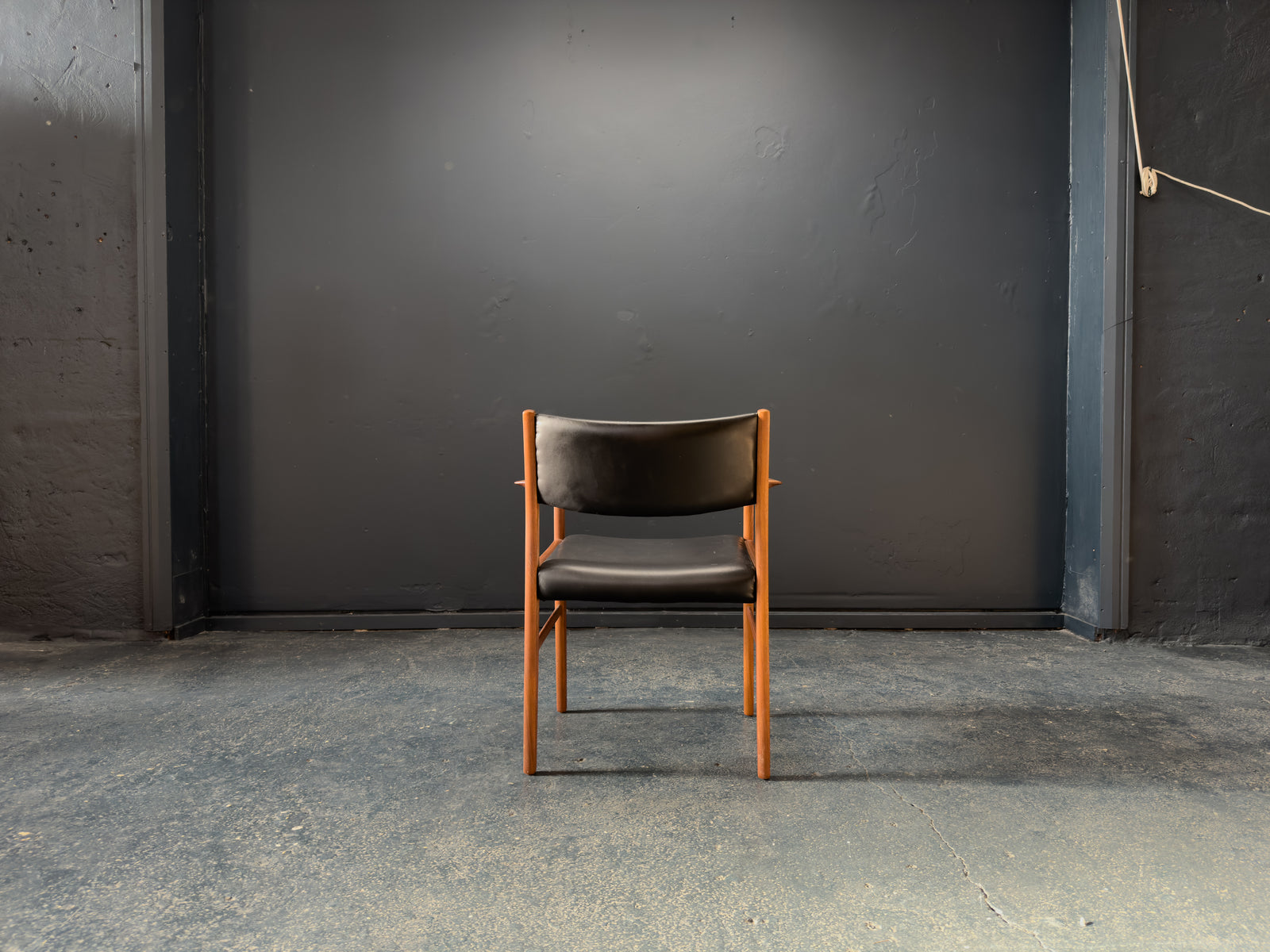 Teak and Black Leather Carver Chair