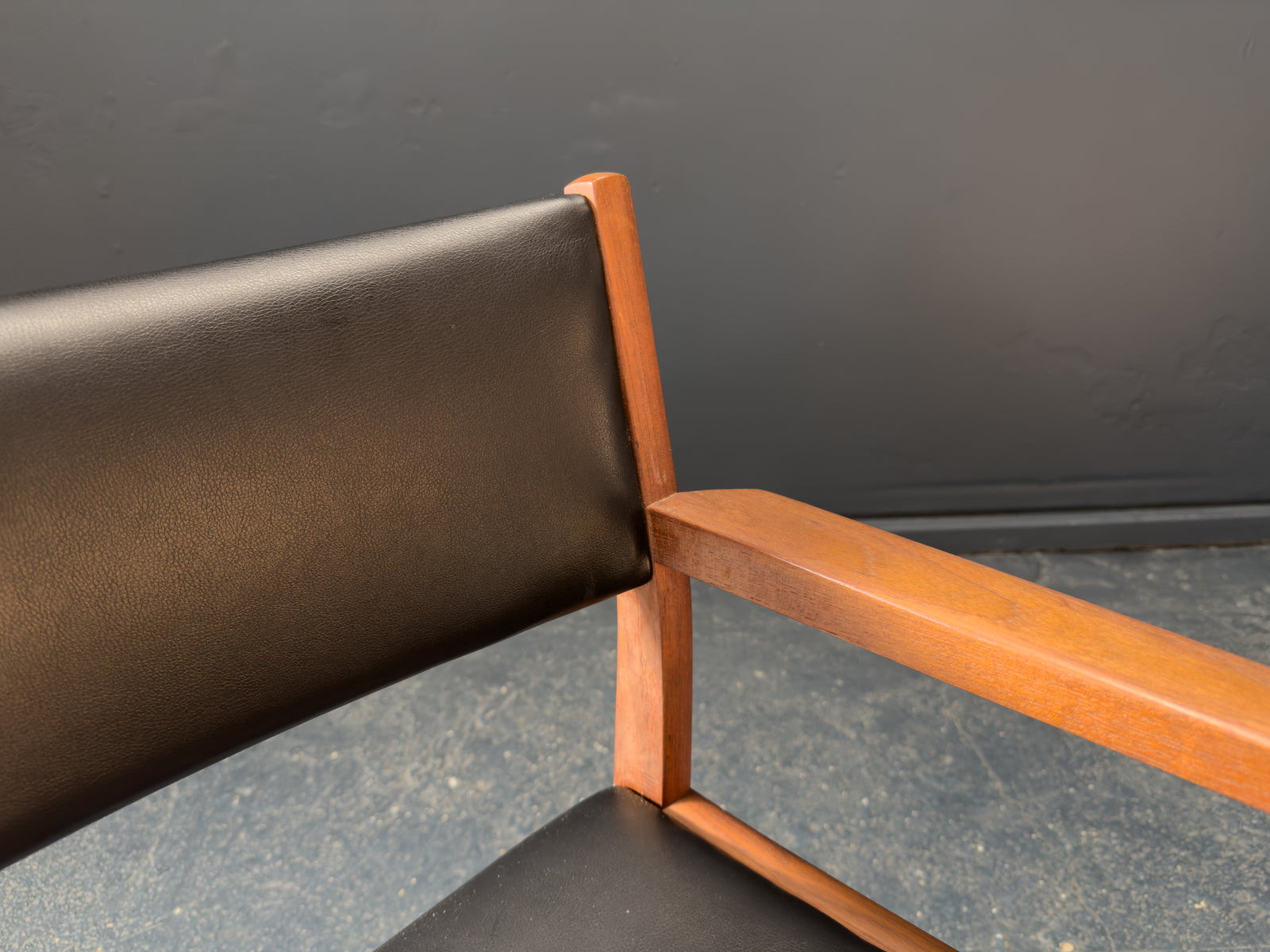 Teak and Black Leather Carver Chair