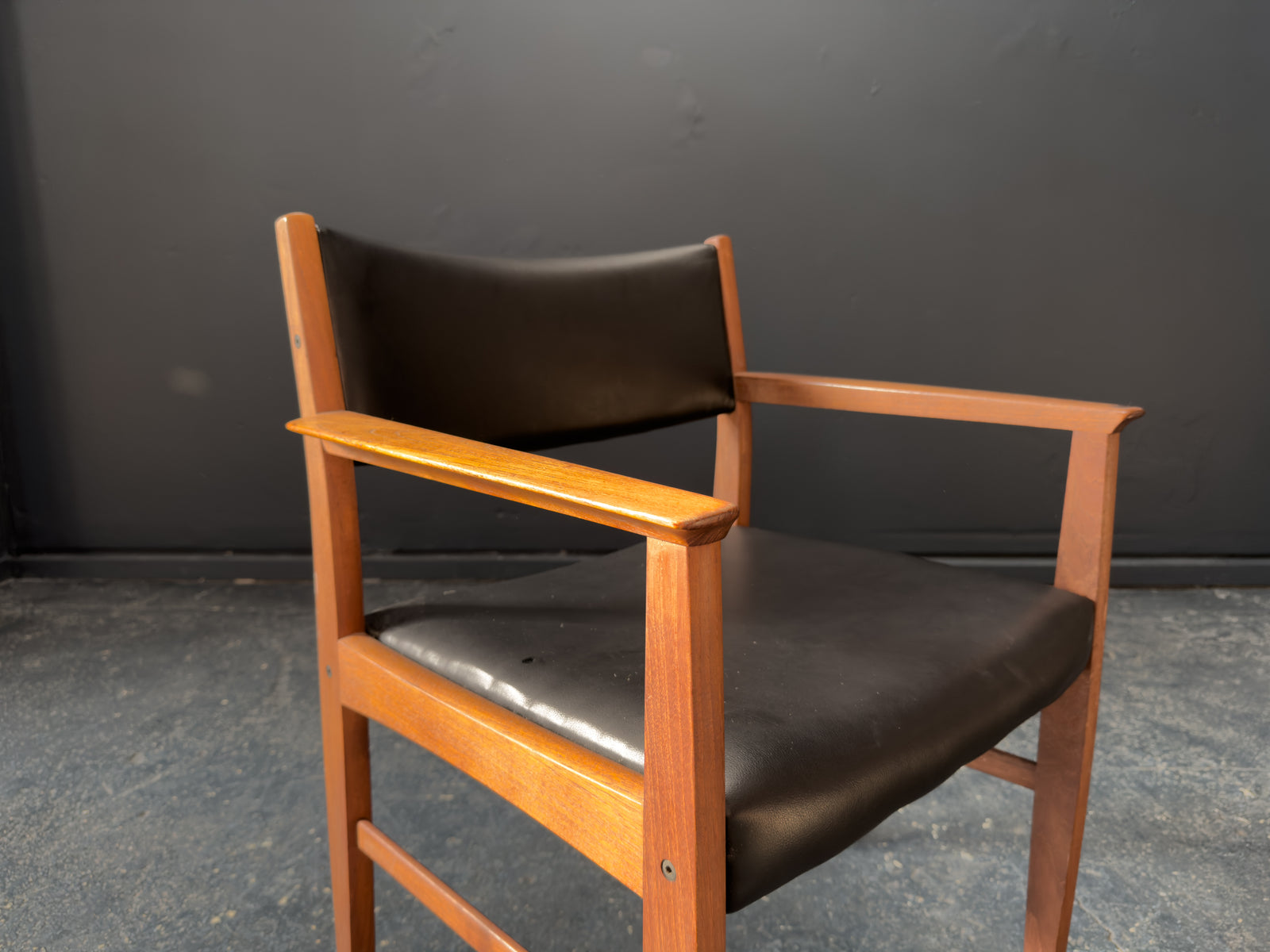 Teak and Black Leather Carver Chair