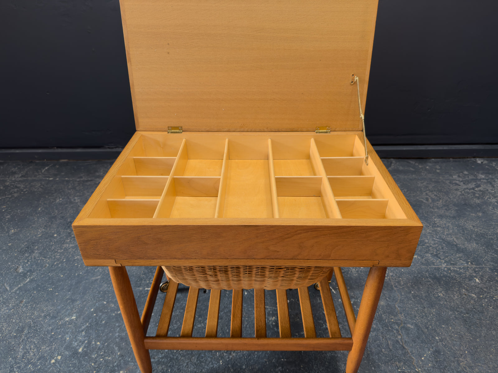 Ejvind A. Johansson Oak and Wicker Sewing Table