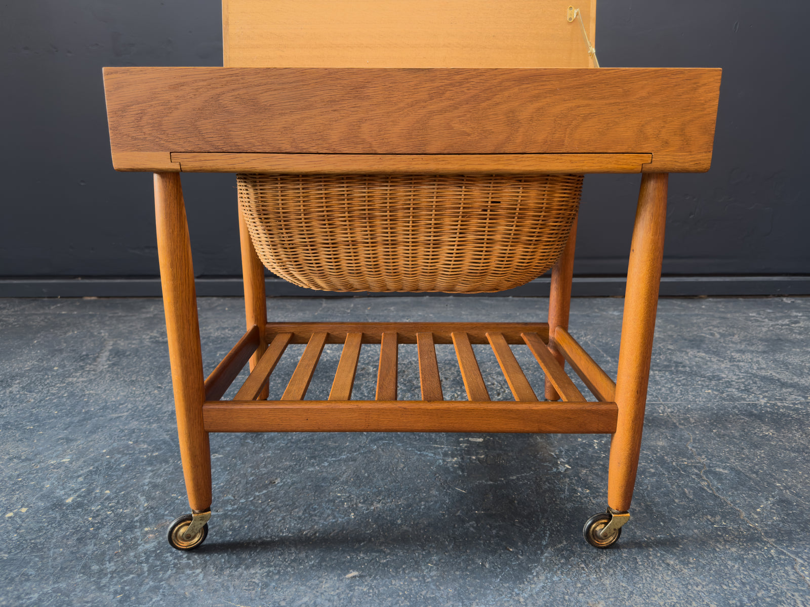 Ejvind A. Johansson Oak and Wicker Sewing Table