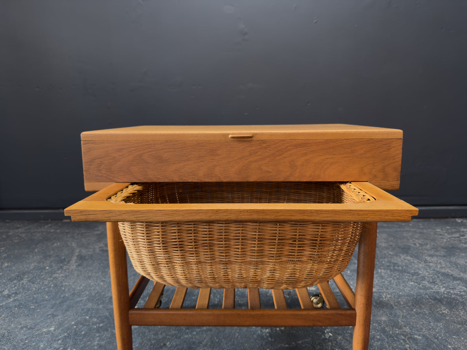 Ejvind A. Johansson Oak and Wicker Sewing Table