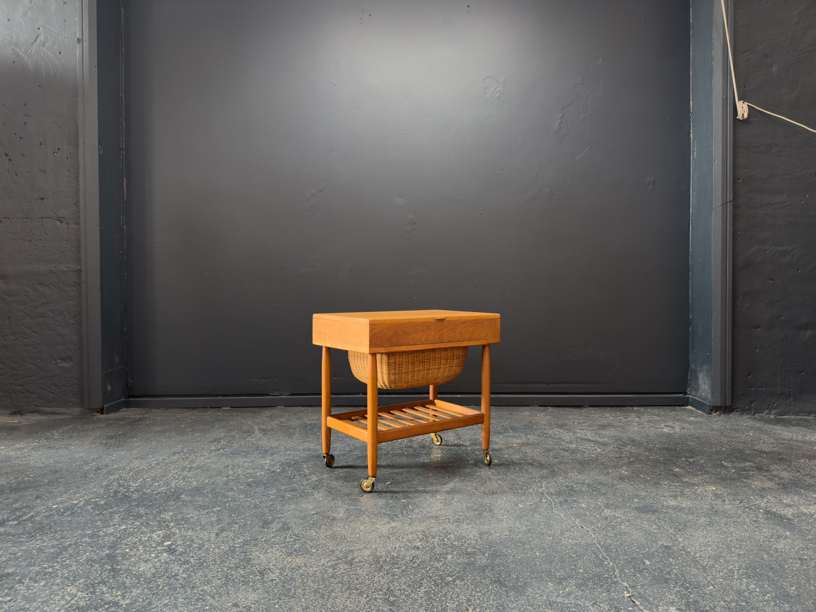 Ejvind A. Johansson Oak and Wicker Sewing Table