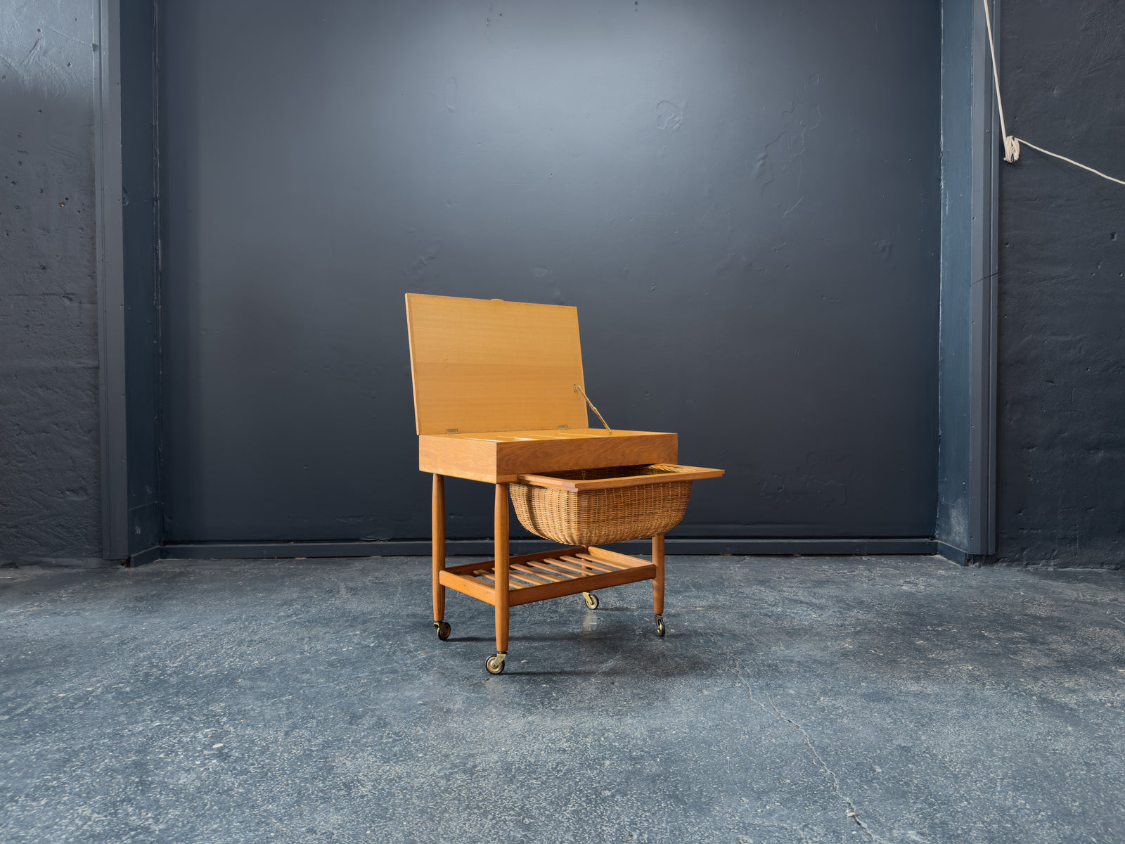Ejvind A. Johansson Oak and Wicker Sewing Table