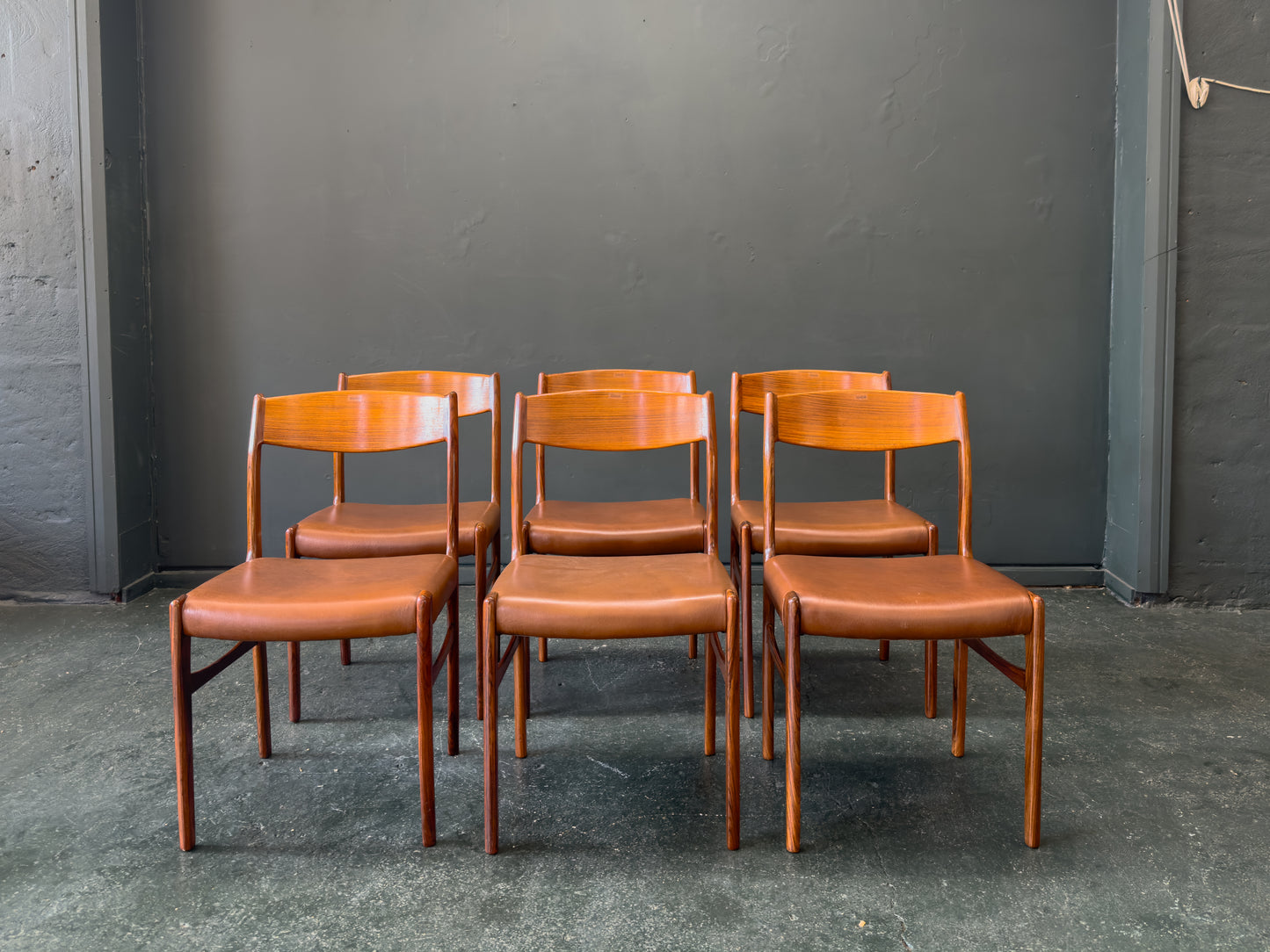 Set of 6 Rosewood and Tan Leather Dining Chairs