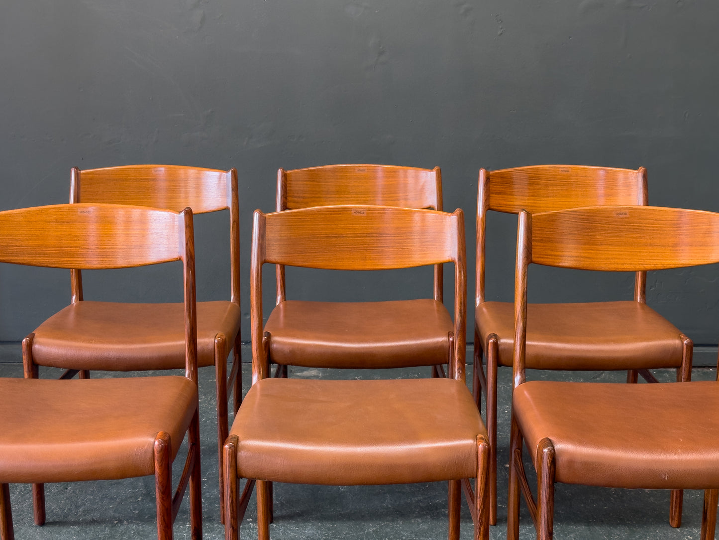 Set of 6 Rosewood and Tan Leather Dining Chairs