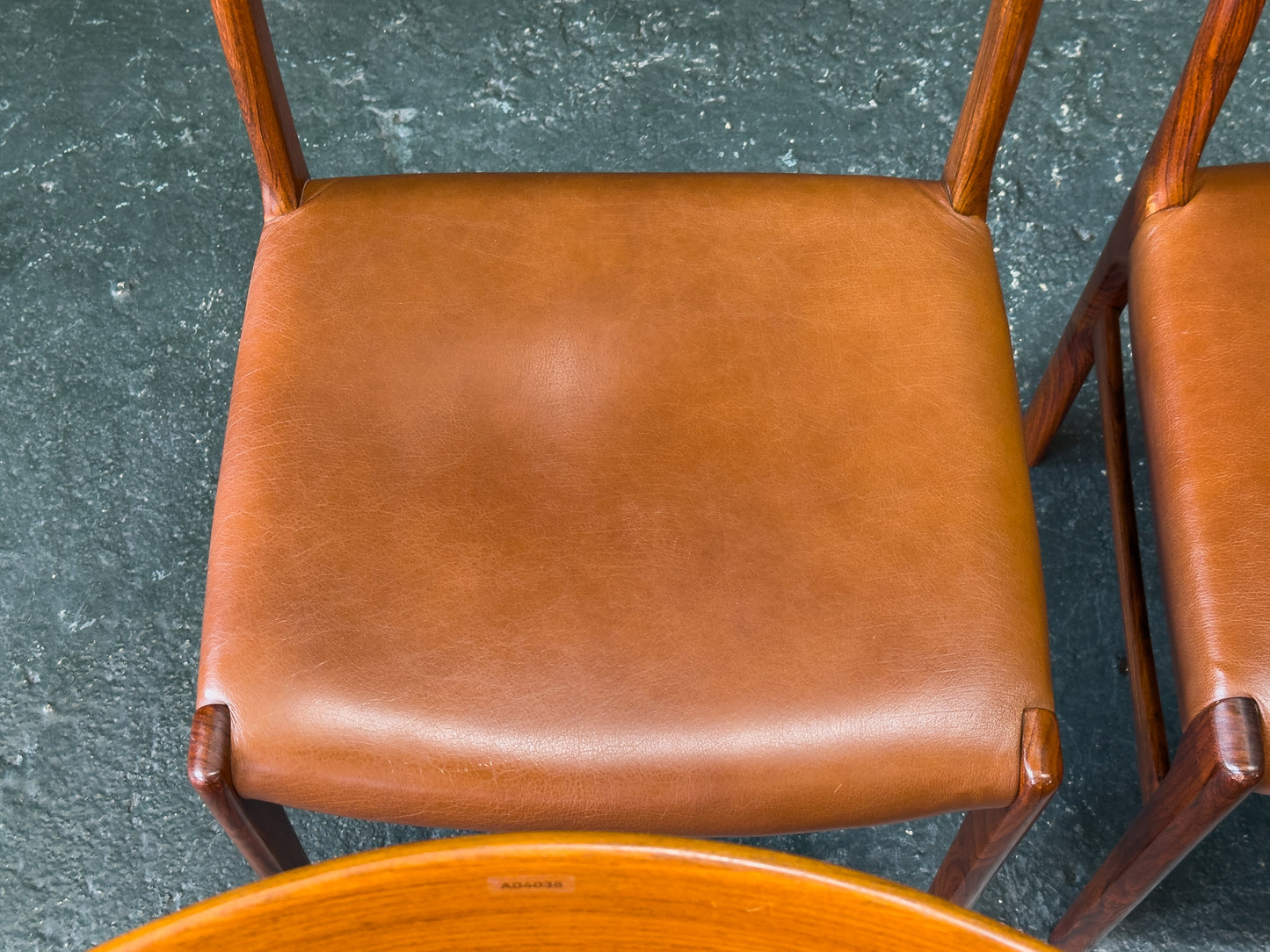 Set of 6 Rosewood and Tan Leather Dining Chairs