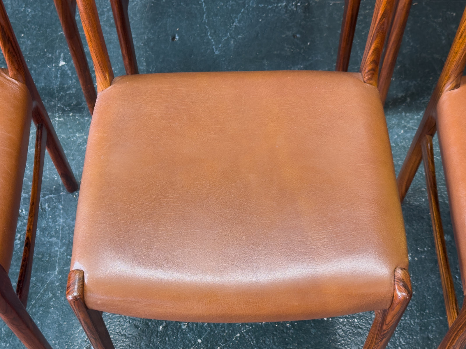 Set of 6 Rosewood and Tan Leather Dining Chairs