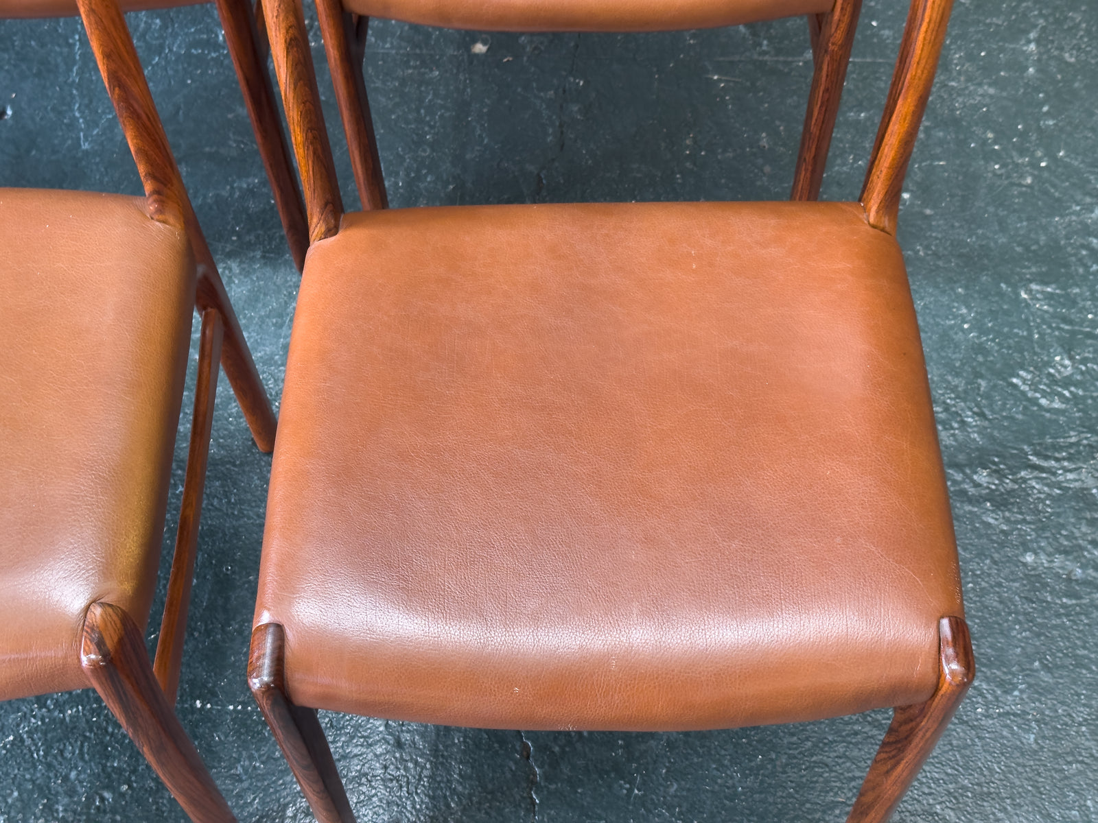 Set of 6 Rosewood and Tan Leather Dining Chairs