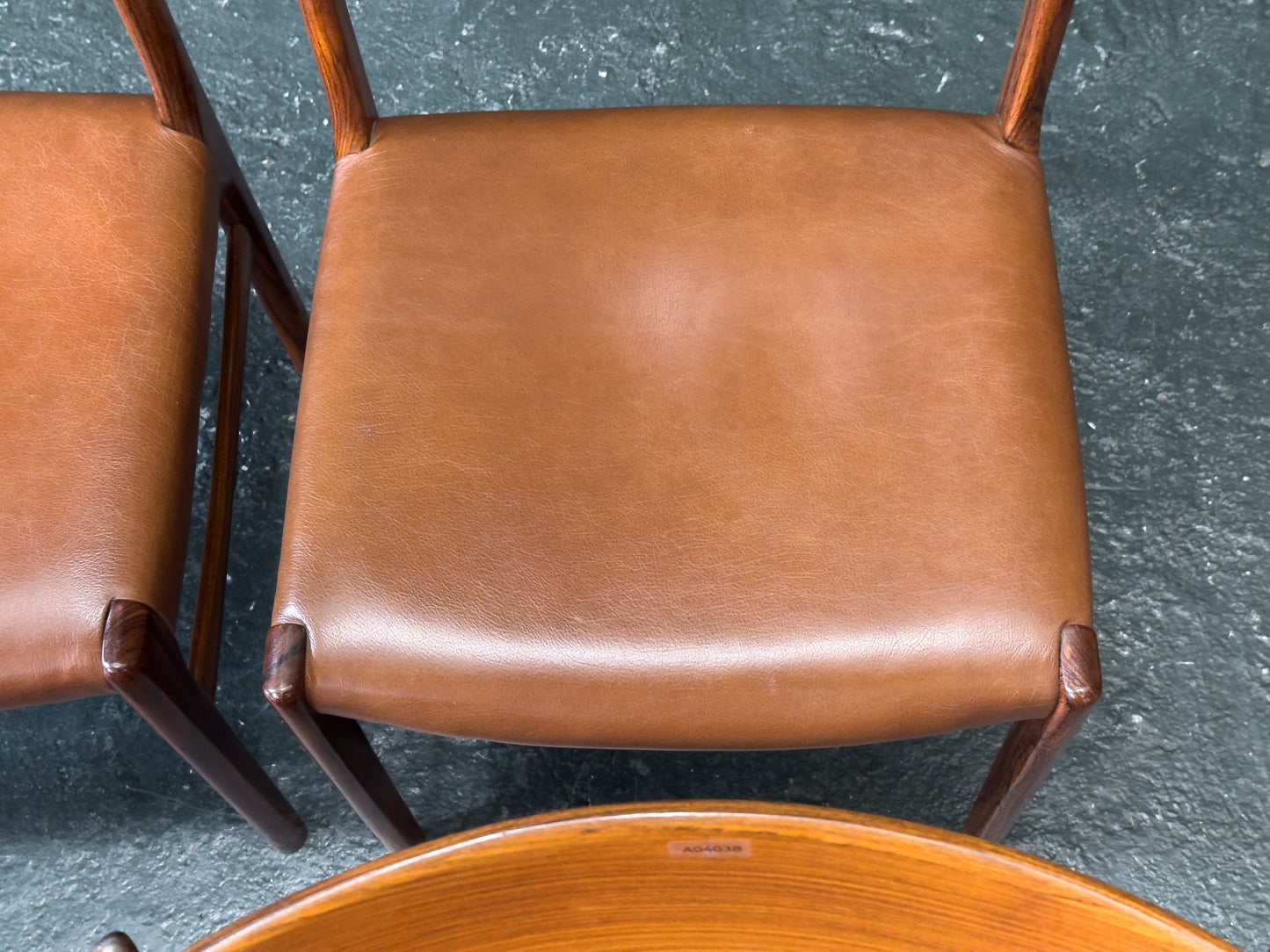 Set of 6 Rosewood and Tan Leather Dining Chairs