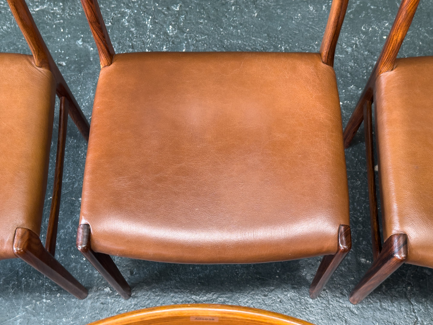 Set of 6 Rosewood and Tan Leather Dining Chairs