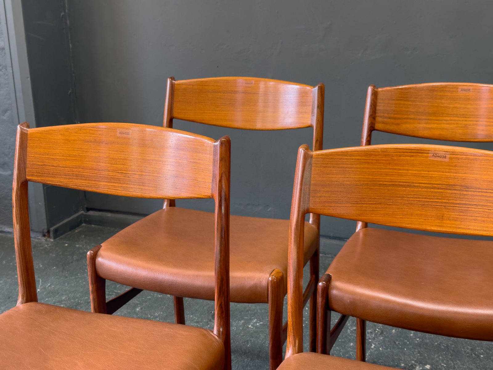 Set of 6 Rosewood and Tan Leather Dining Chairs