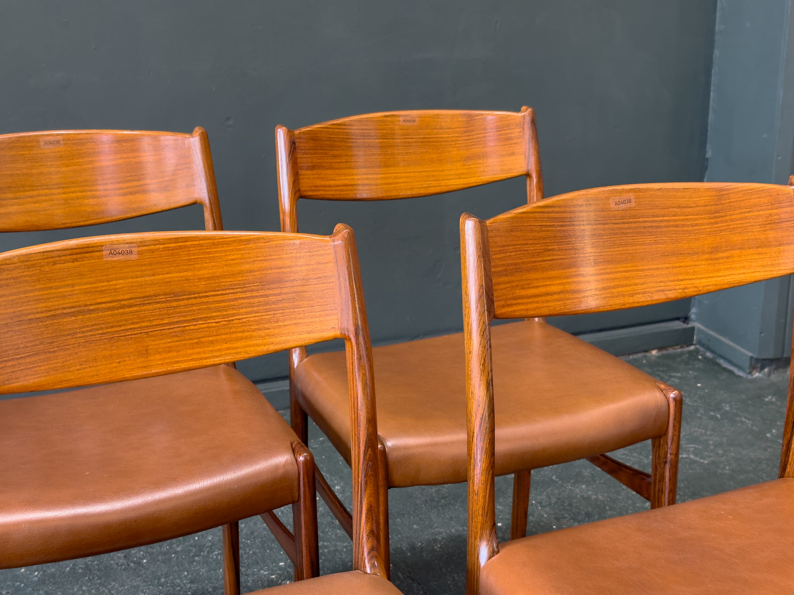 Set of 6 Rosewood and Tan Leather Dining Chairs