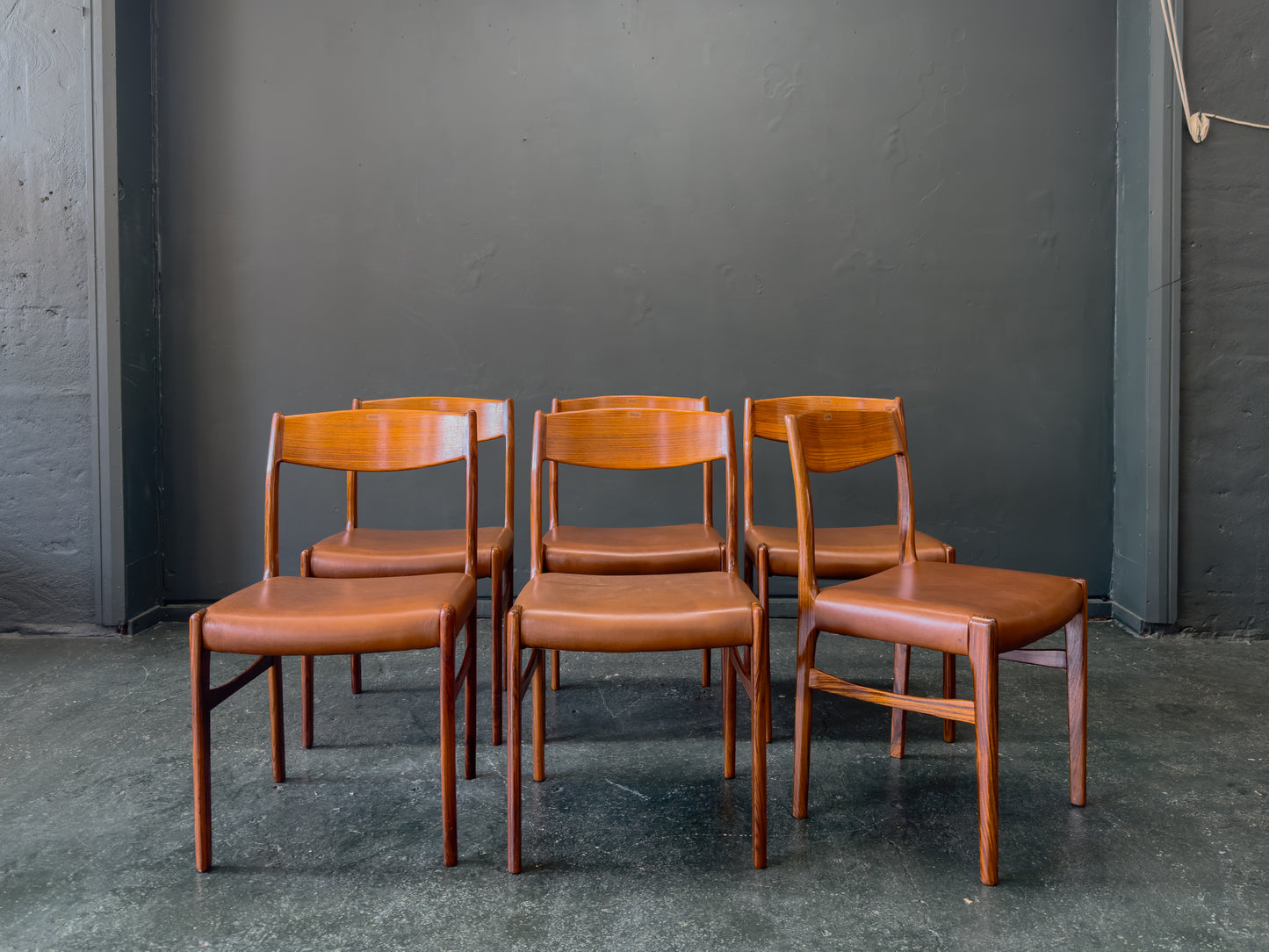 Set of 6 Rosewood and Tan Leather Dining Chairs