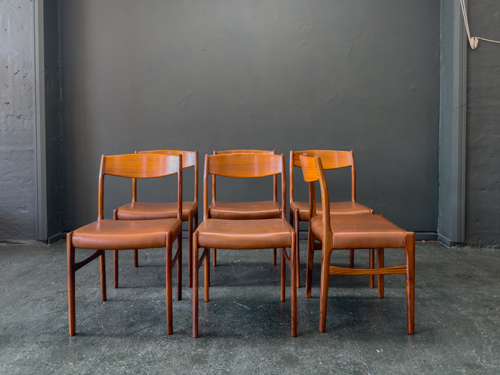 Set of 6 Rosewood and Tan Leather Dining Chairs
