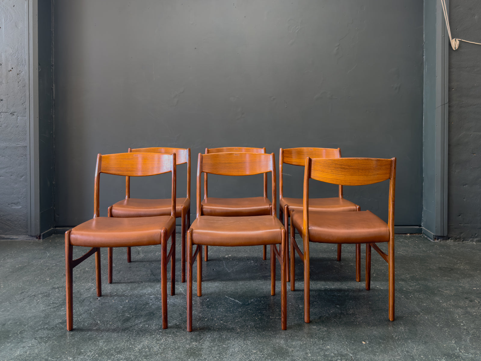 Set of 6 Rosewood and Tan Leather Dining Chairs