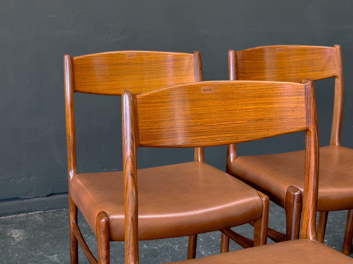 Set of 6 Rosewood and Tan Leather Dining Chairs