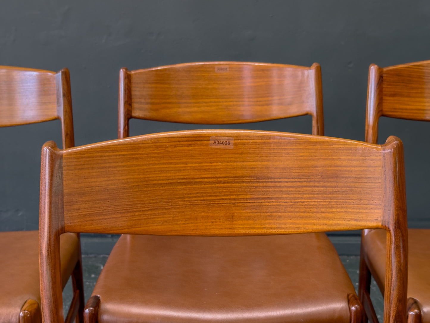 Set of 6 Rosewood and Tan Leather Dining Chairs