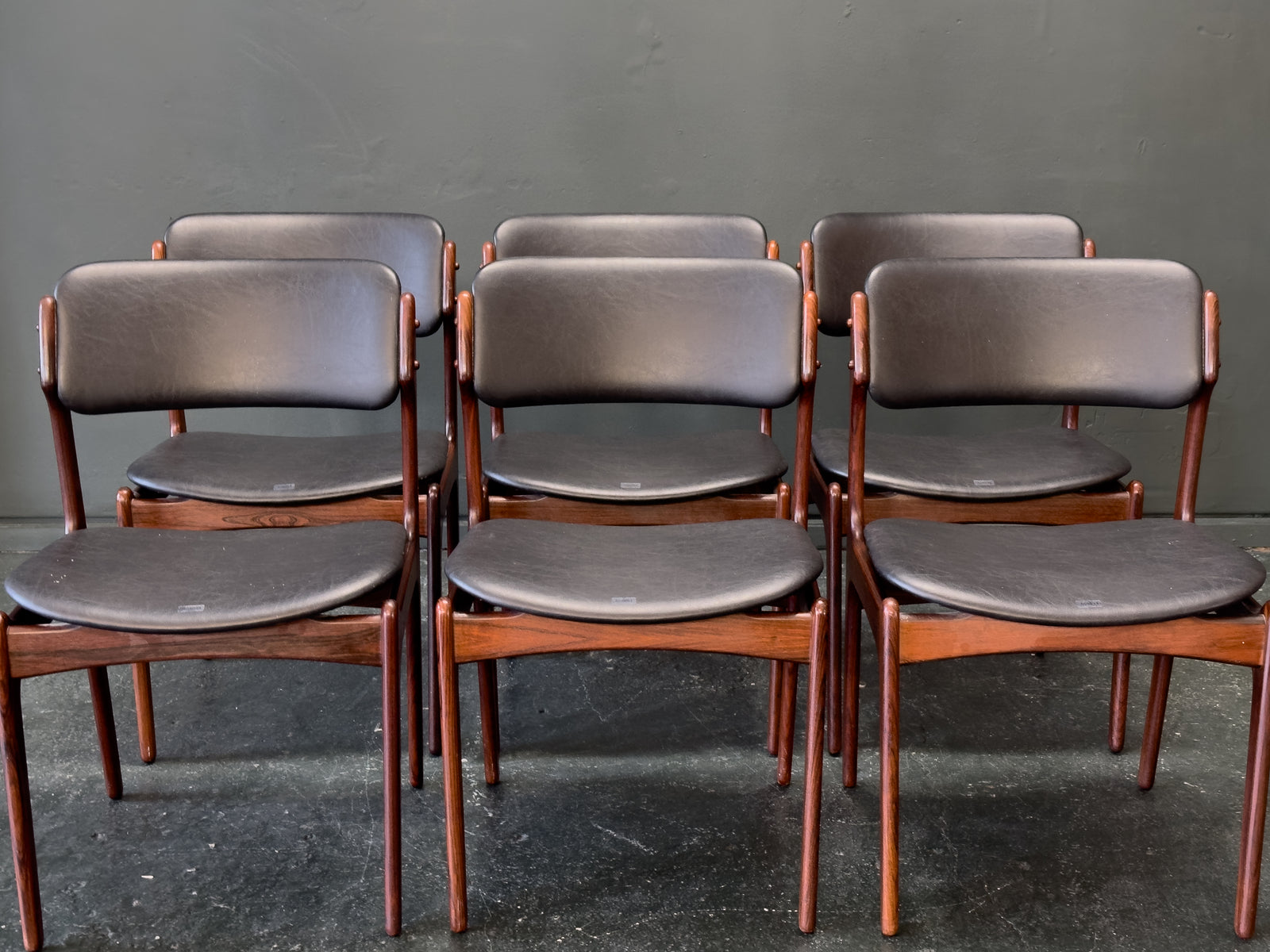 Set of 6 Rosewood and Leather Erik Buch Dining Chairs