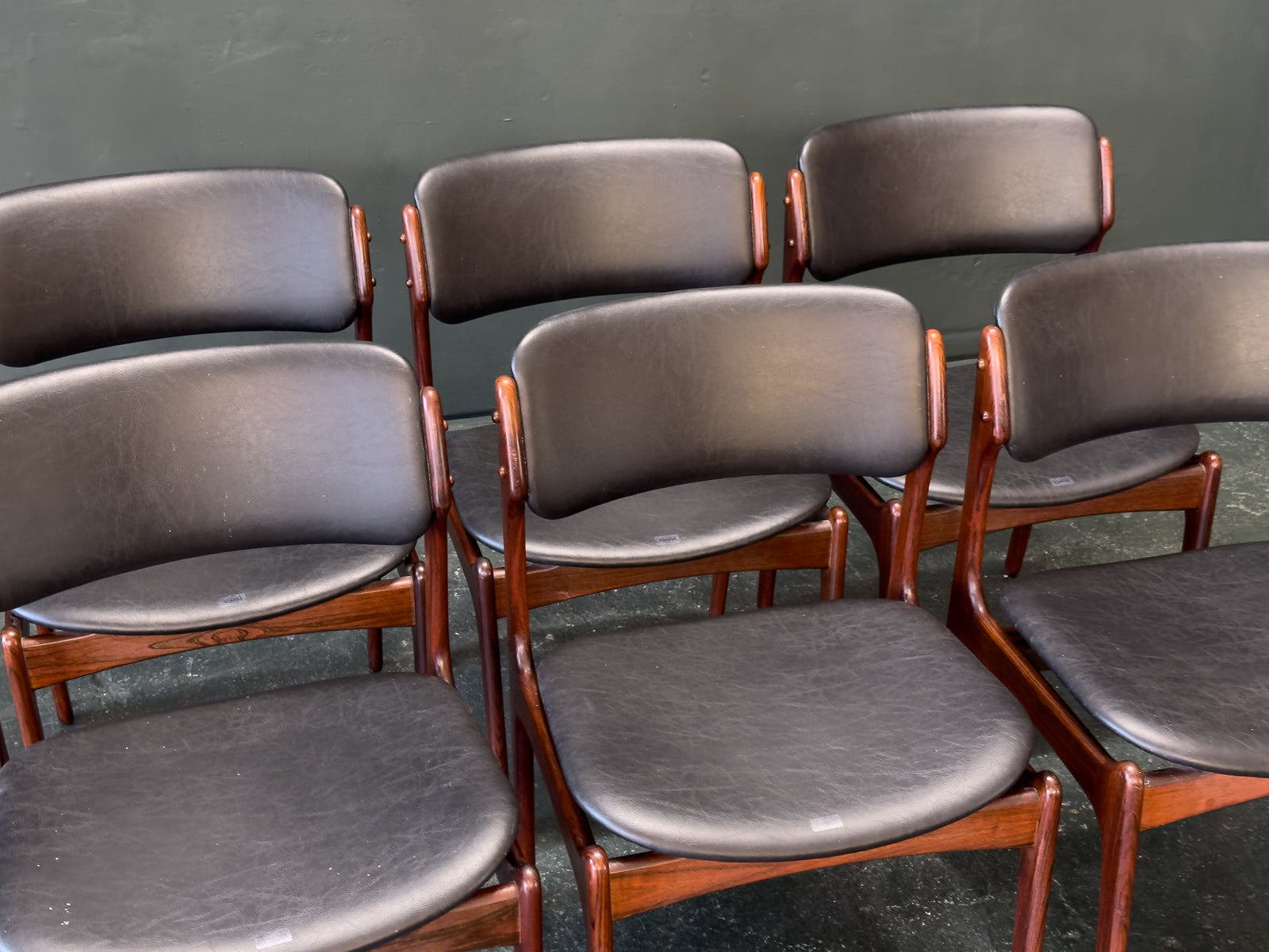 Set of 6 Rosewood and Leather Erik Buch Dining Chairs