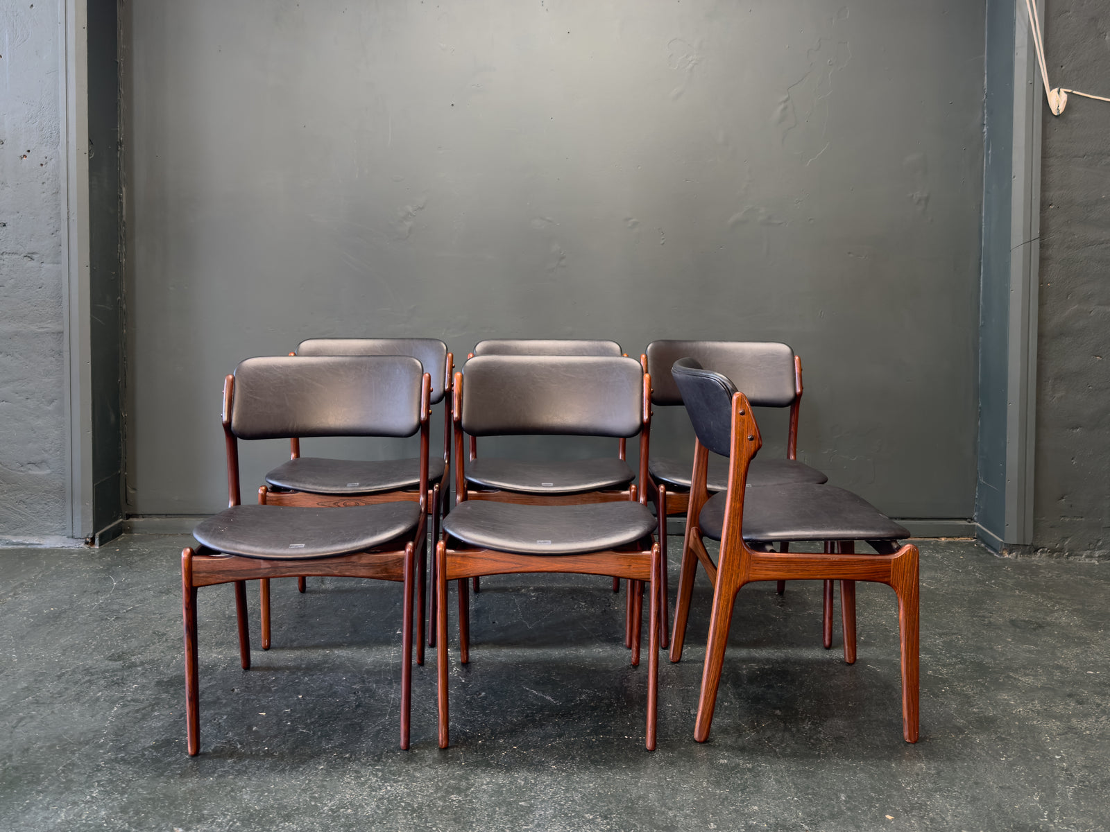 Set of 6 Rosewood and Leather Erik Buch Dining Chairs
