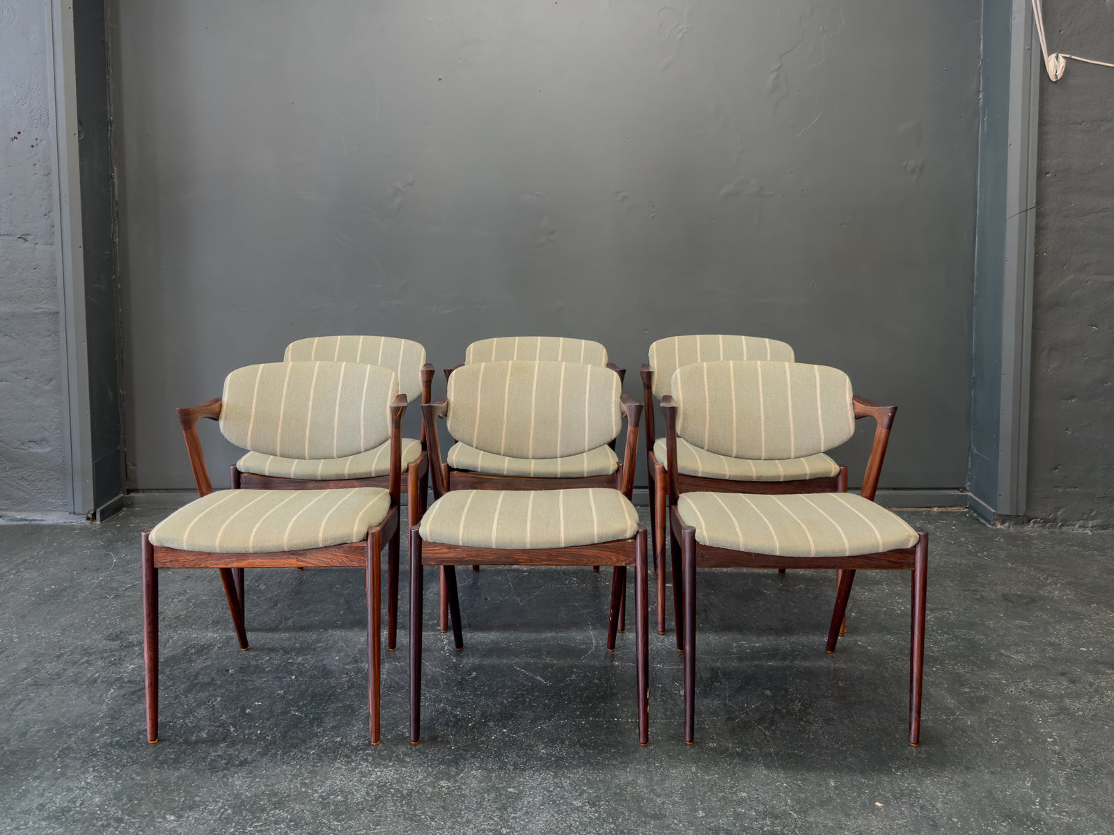 Set of 6 Green Striped and Rosewood Kai Kristiansen Model 42 Dining Chairs
