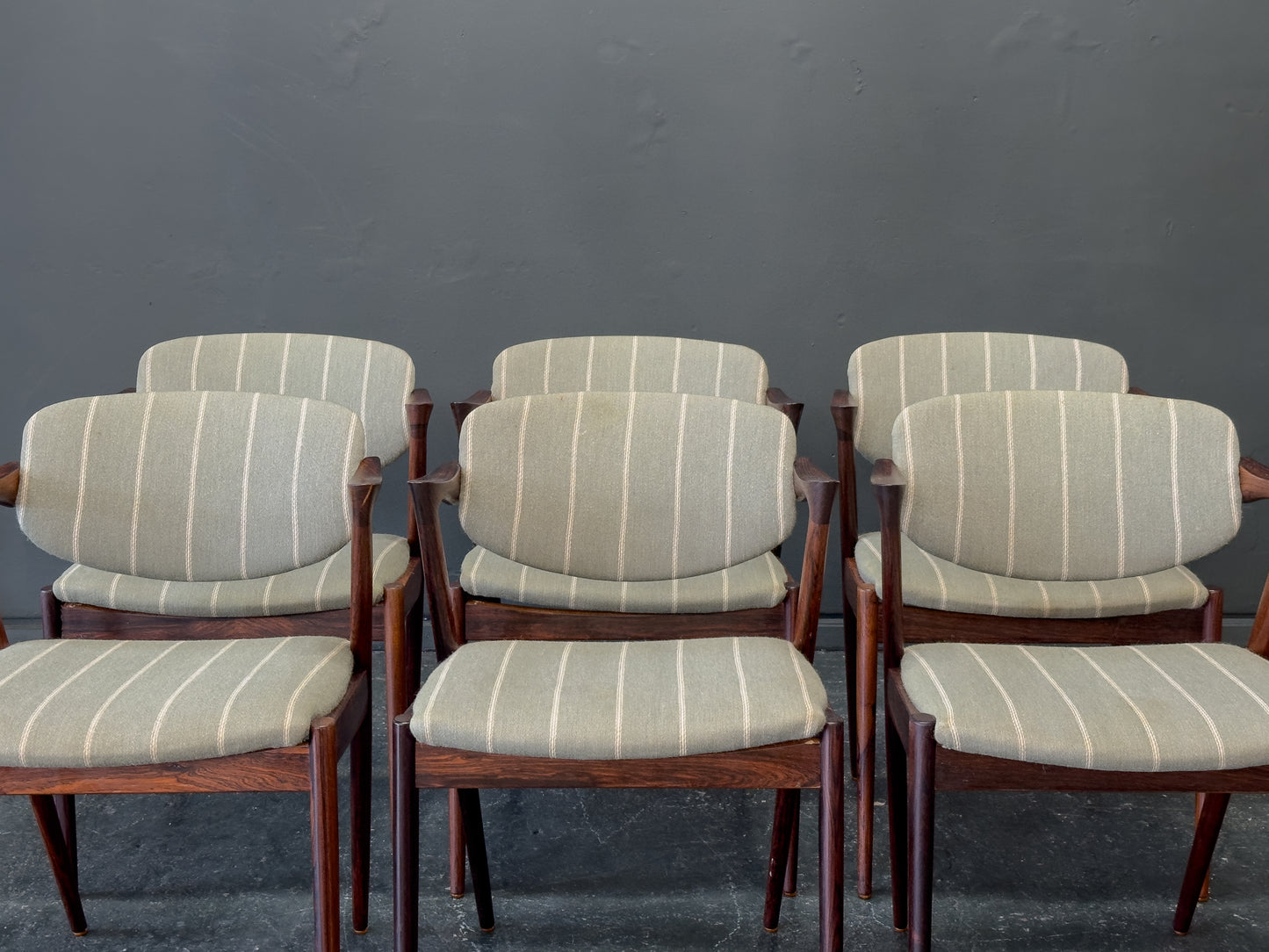 Set of 6 Green Striped and Rosewood Kai Kristiansen Model 42 Dining Chairs