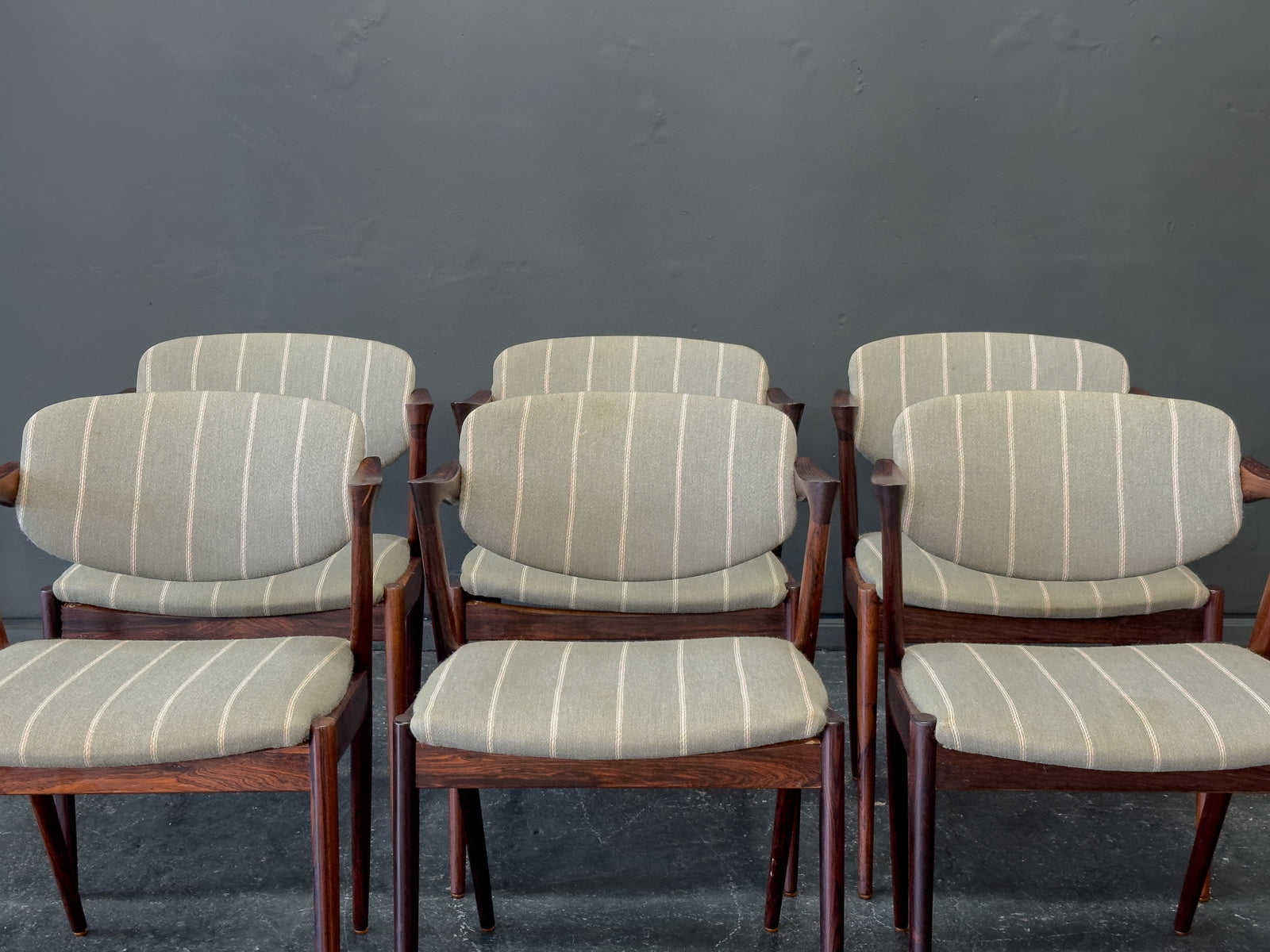 Set of 6 Green Striped and Rosewood Kai Kristiansen Model 42 Dining Chairs