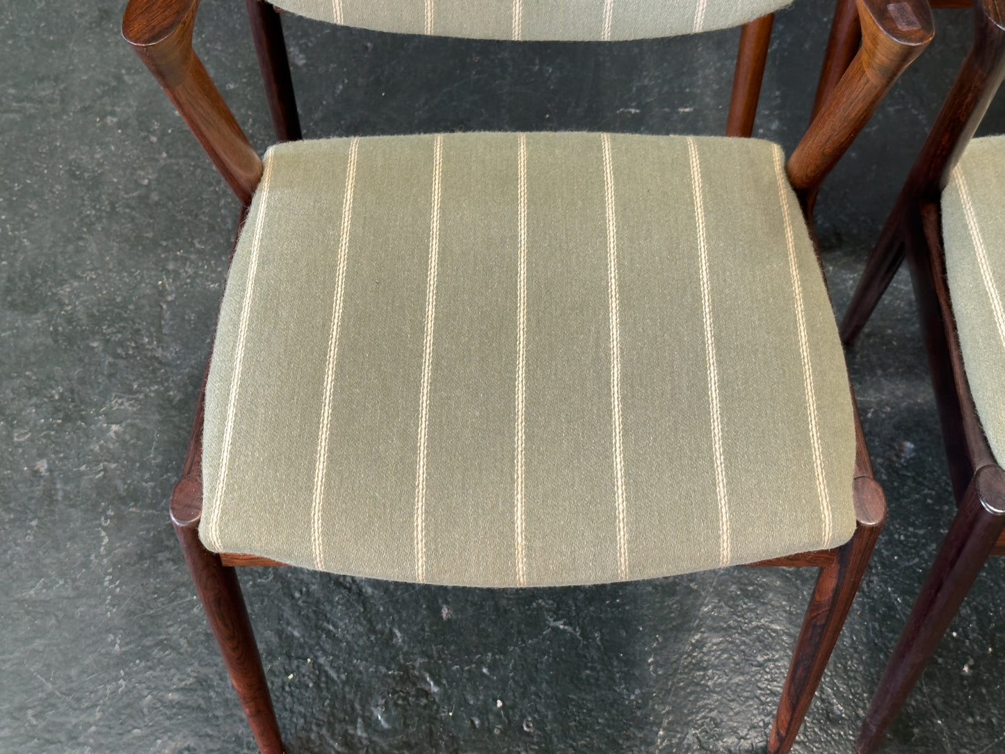 Set of 6 Green Striped and Rosewood Kai Kristiansen Model 42 Dining Chairs