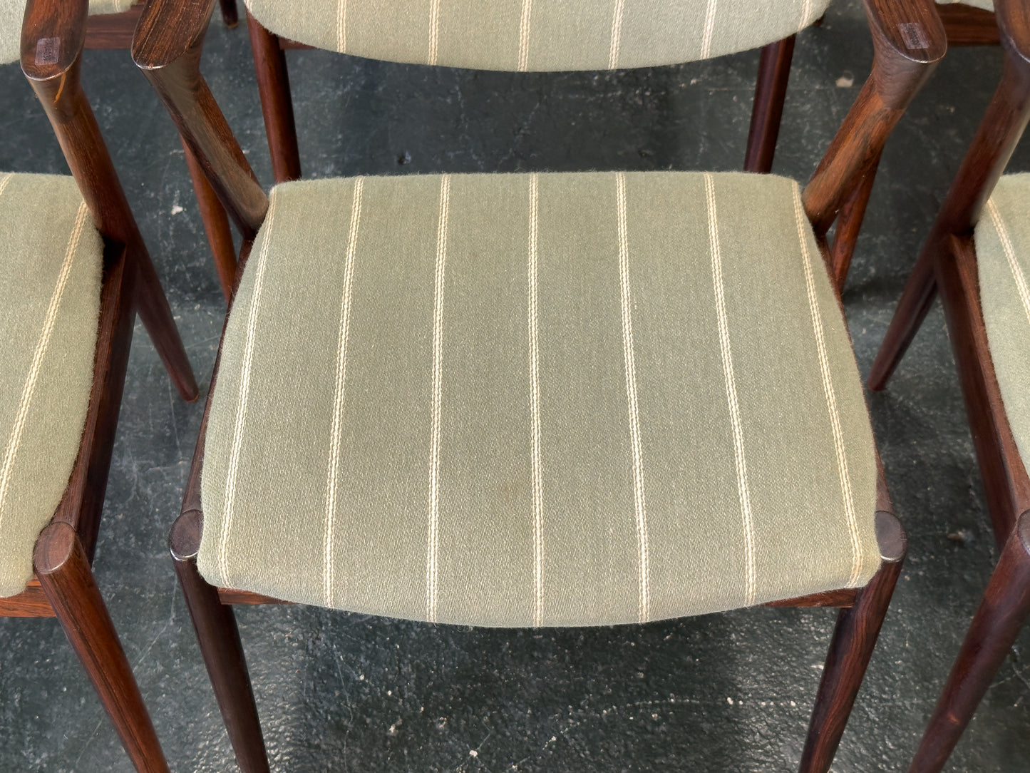 Set of 6 Green Striped and Rosewood Kai Kristiansen Model 42 Dining Chairs