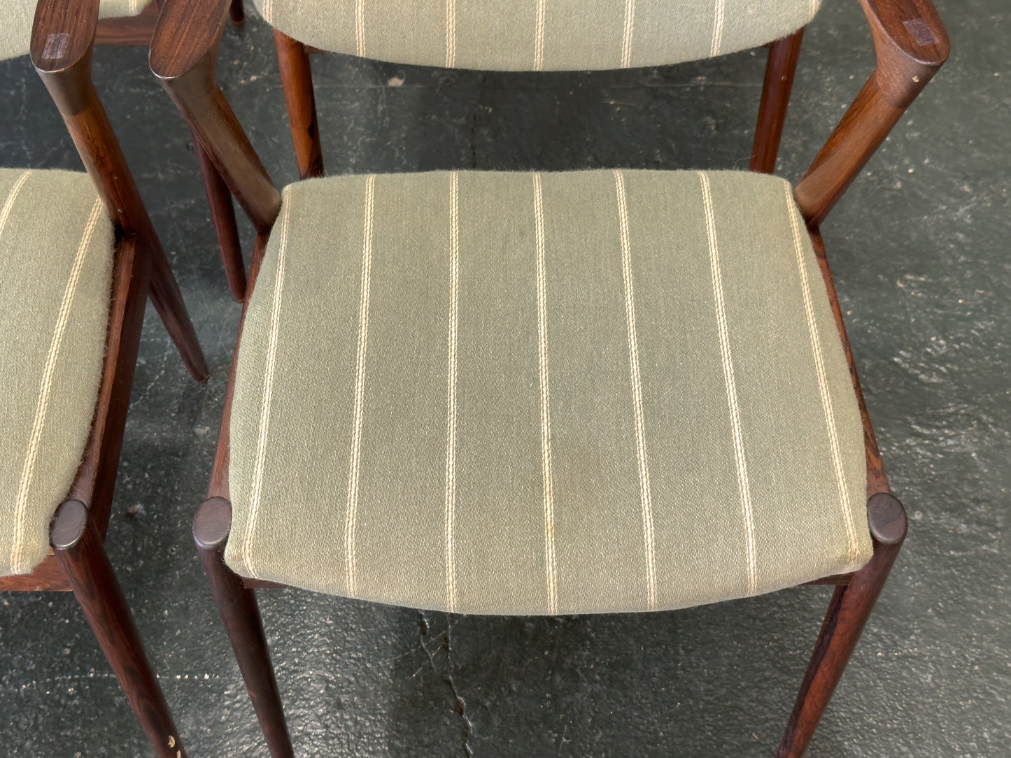 Set of 6 Green Striped and Rosewood Kai Kristiansen Model 42 Dining Chairs