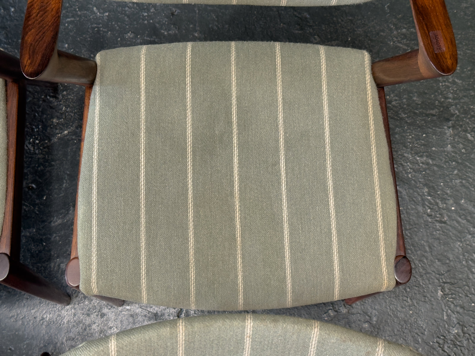 Set of 6 Green Striped and Rosewood Kai Kristiansen Model 42 Dining Chairs
