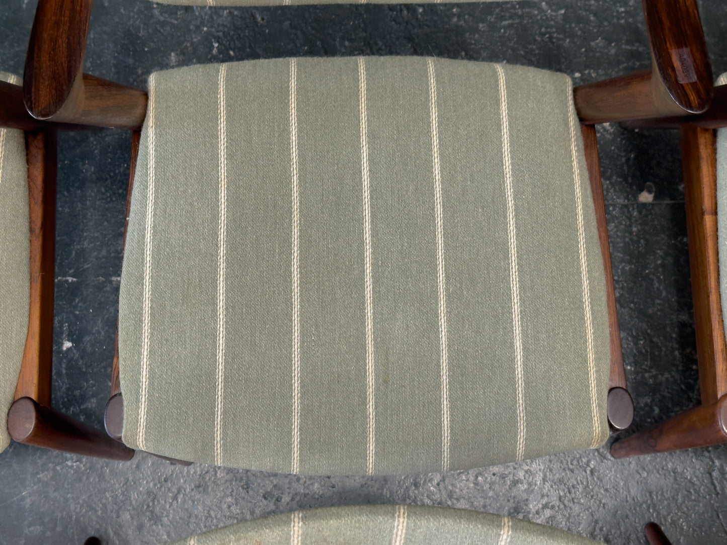 Set of 6 Green Striped and Rosewood Kai Kristiansen Model 42 Dining Chairs