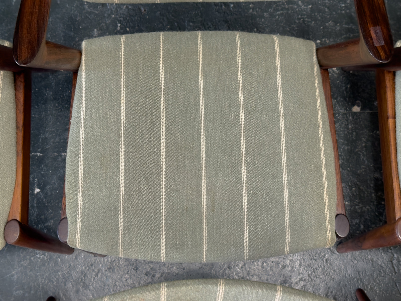 Set of 6 Green Striped and Rosewood Kai Kristiansen Model 42 Dining Chairs