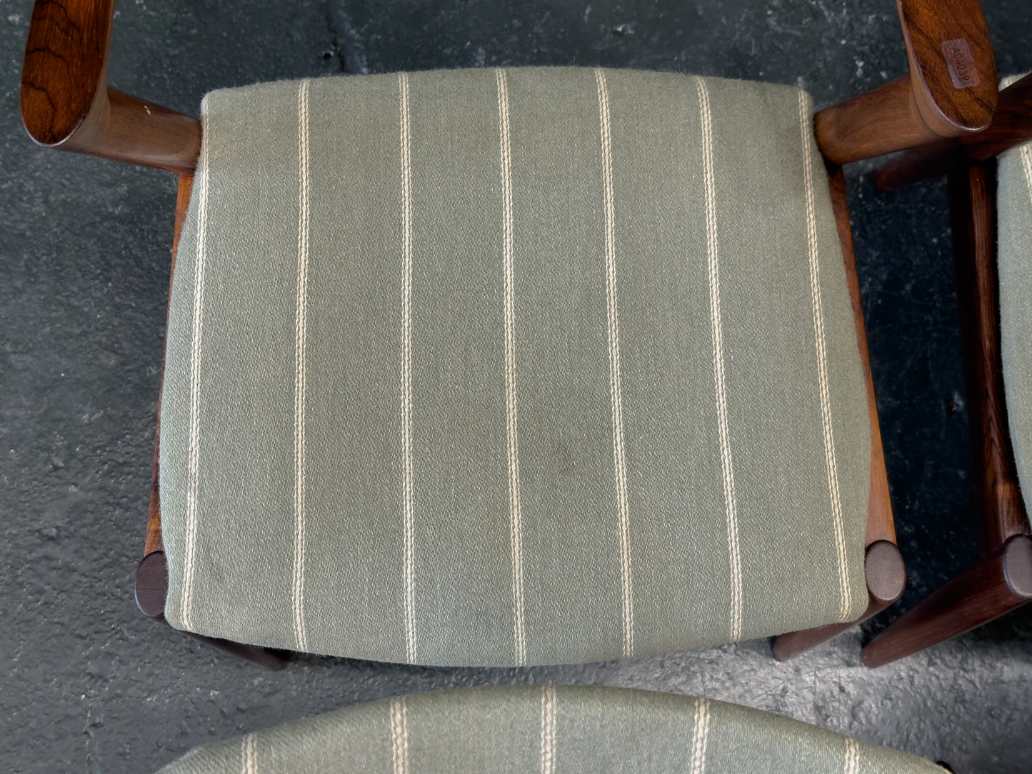 Set of 6 Green Striped and Rosewood Kai Kristiansen Model 42 Dining Chairs