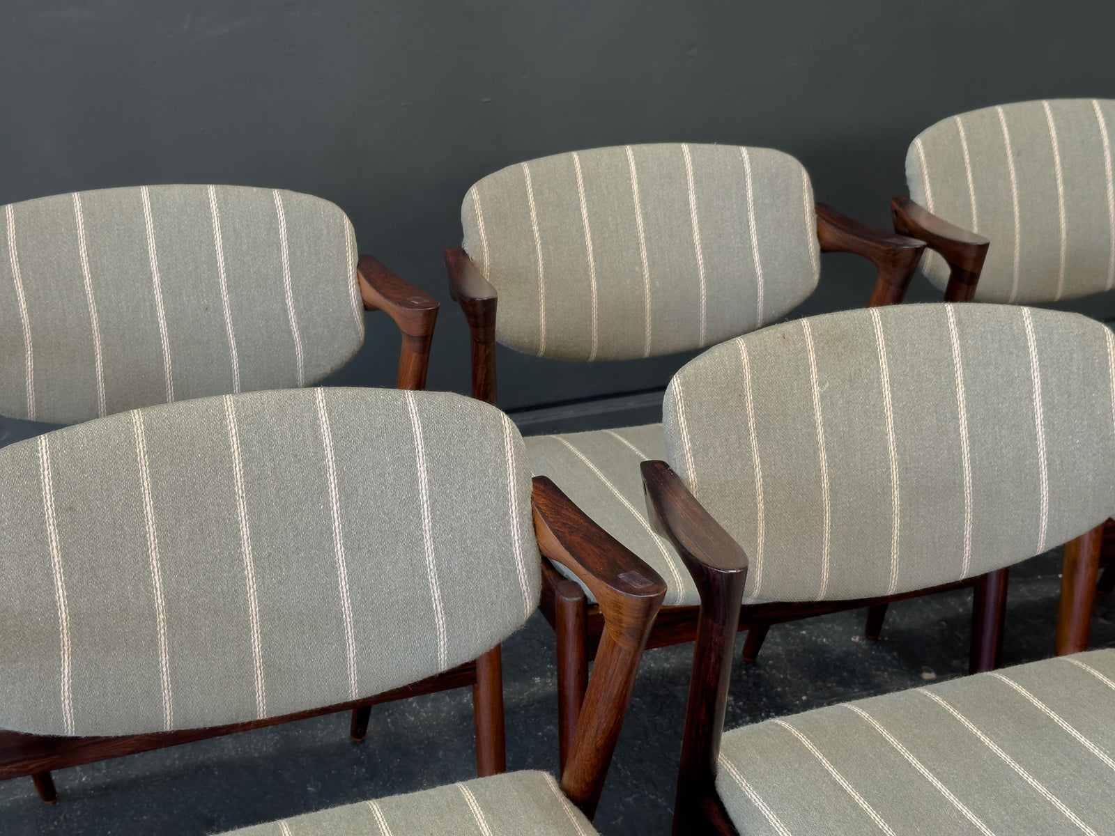 Set of 6 Green Striped and Rosewood Kai Kristiansen Model 42 Dining Chairs