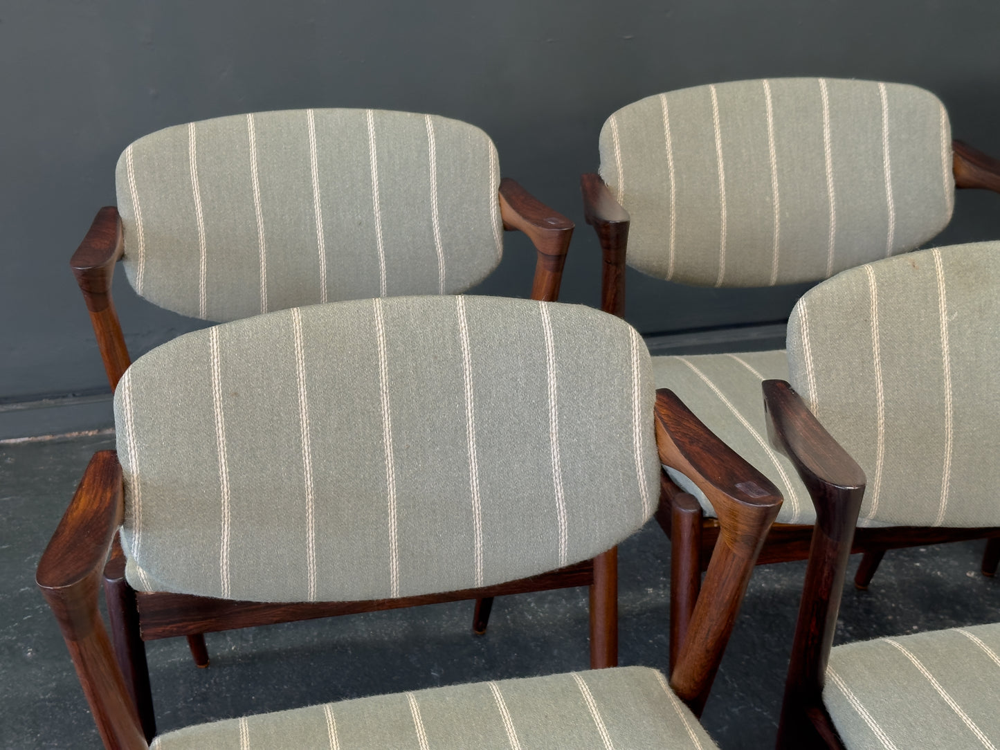 Set of 6 Green Striped and Rosewood Kai Kristiansen Model 42 Dining Chairs