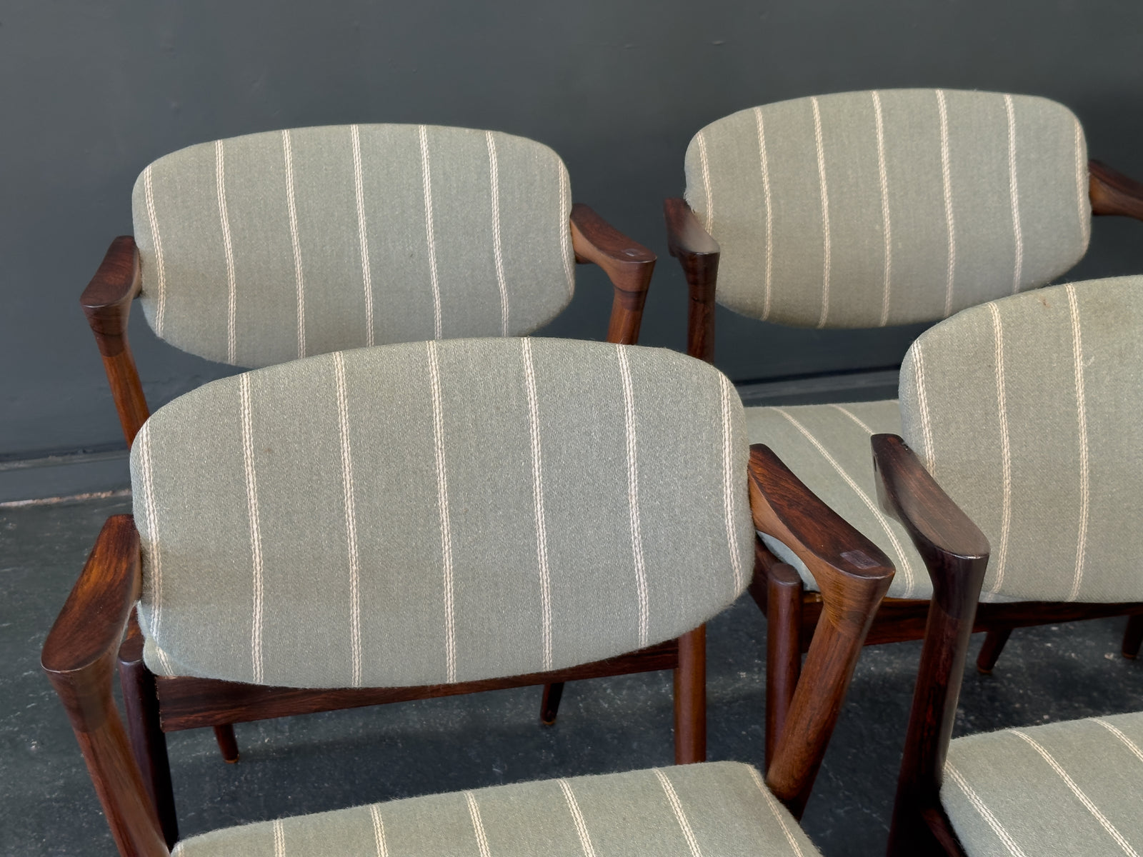Set of 6 Green Striped and Rosewood Kai Kristiansen Model 42 Dining Chairs