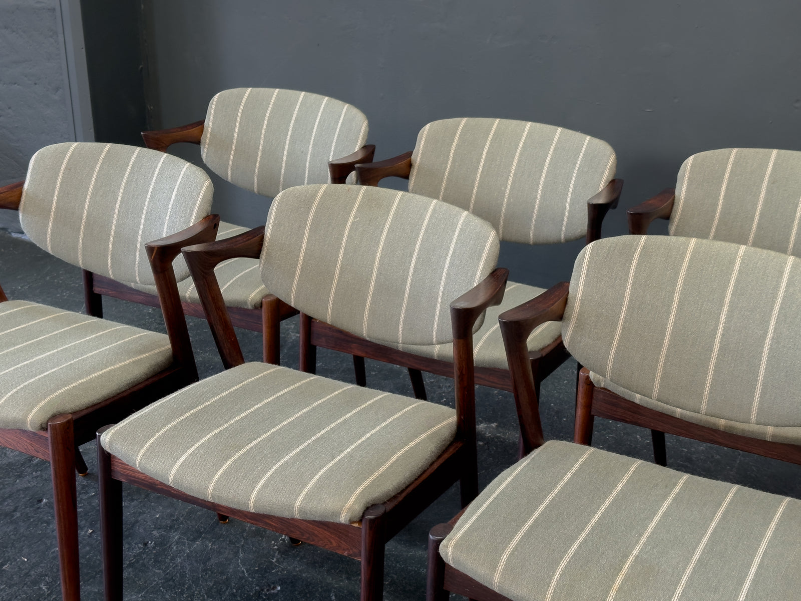Set of 6 Green Striped and Rosewood Kai Kristiansen Model 42 Dining Chairs