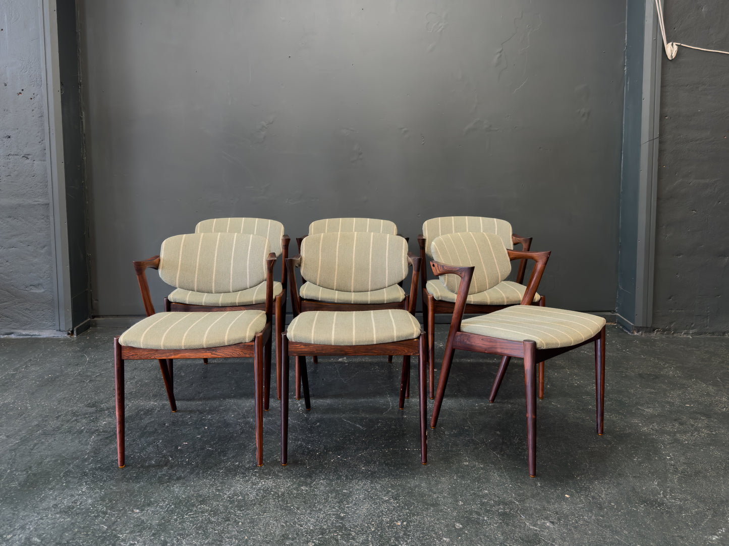 Set of 6 Green Striped and Rosewood Kai Kristiansen Model 42 Dining Chairs