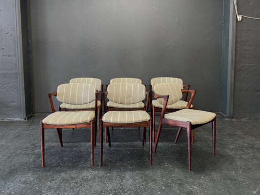 Set of 6 Green Striped and Rosewood Kai Kristiansen Model 42 Dining Chairs