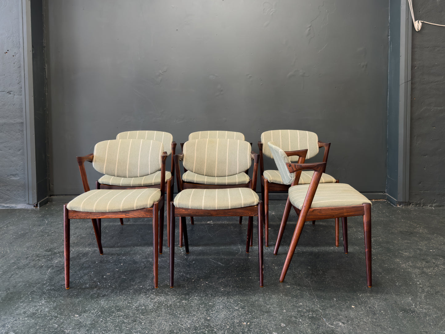 Set of 6 Green Striped and Rosewood Kai Kristiansen Model 42 Dining Chairs