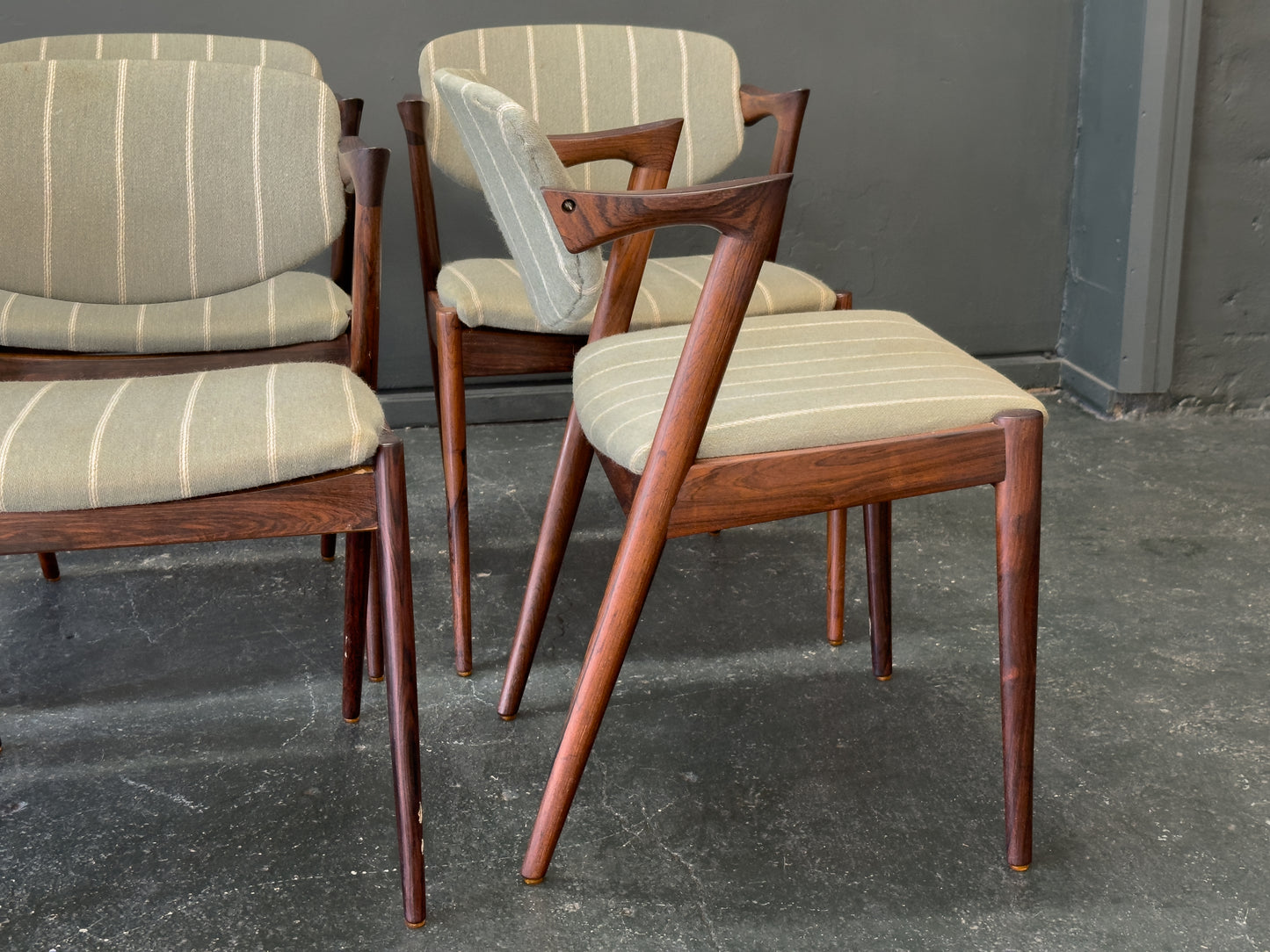 Set of 6 Green Striped and Rosewood Kai Kristiansen Model 42 Dining Chairs