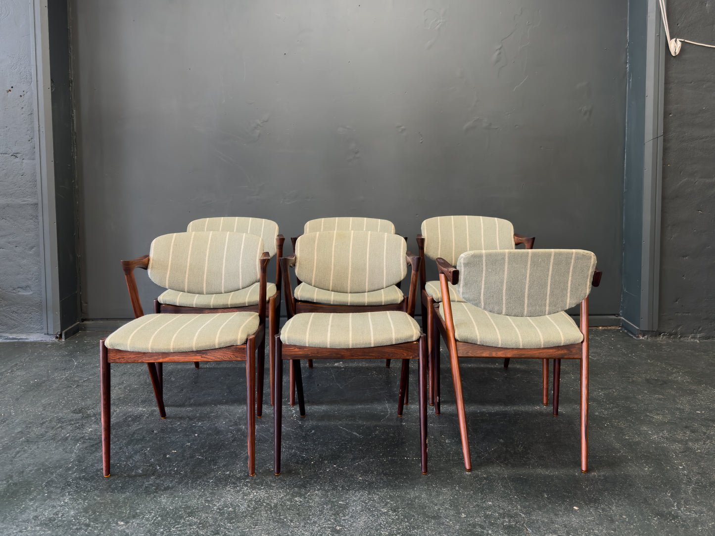 Set of 6 Green Striped and Rosewood Kai Kristiansen Model 42 Dining Chairs