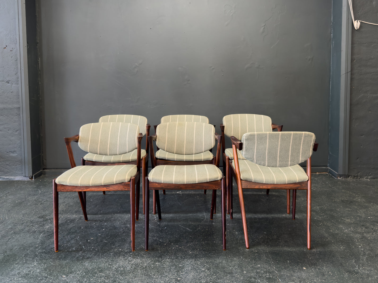 Set of 6 Green Striped and Rosewood Kai Kristiansen Model 42 Dining Chairs
