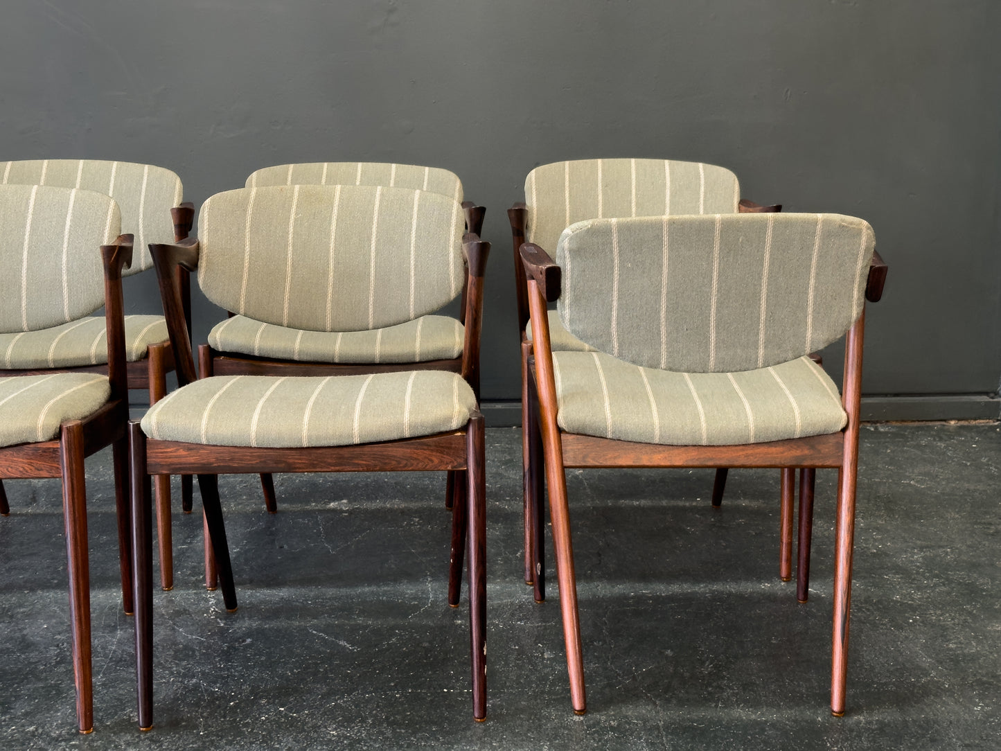 Set of 6 Green Striped and Rosewood Kai Kristiansen Model 42 Dining Chairs