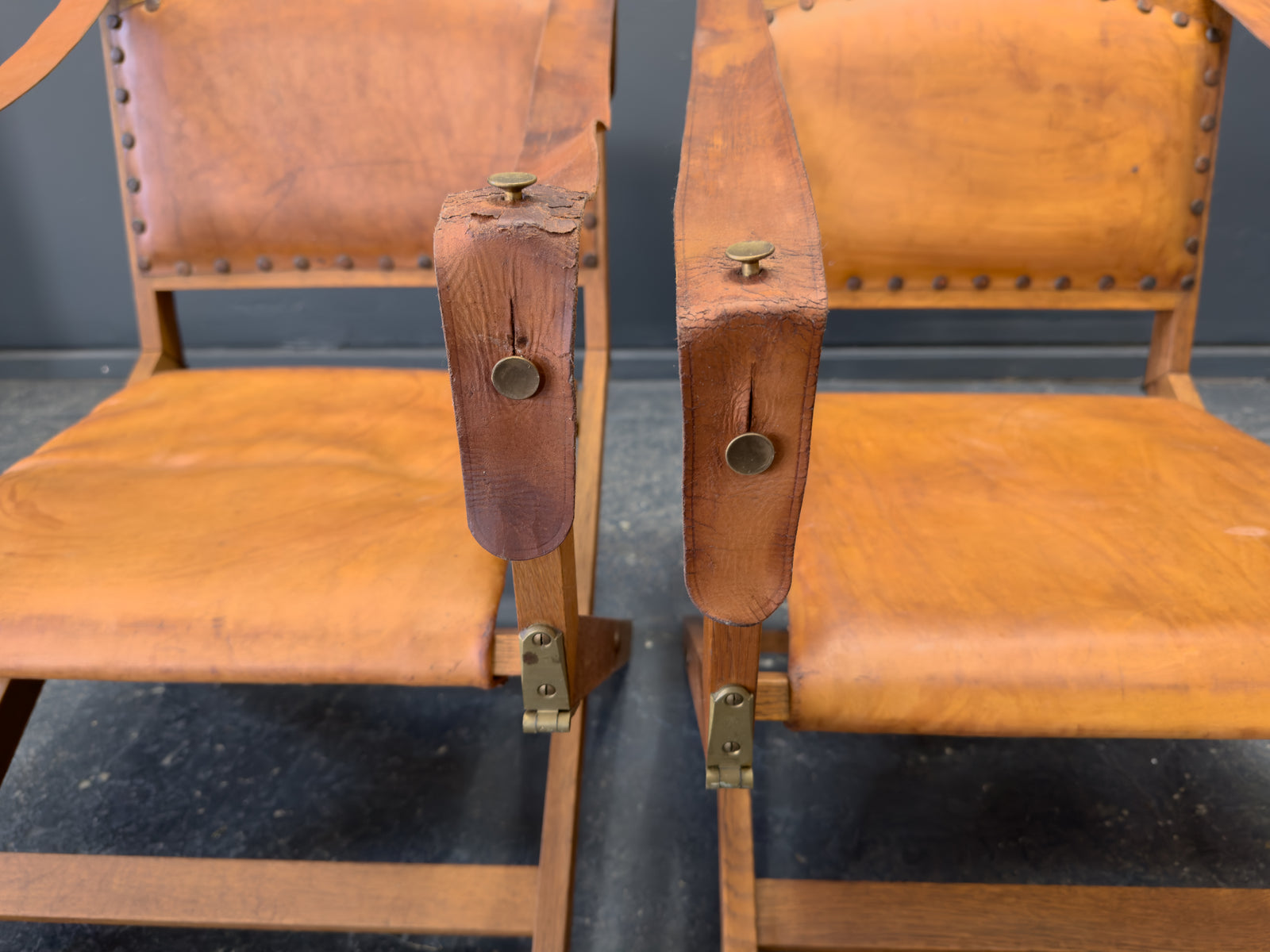 Oak and Leather Foldable Swedish Safari Chairs