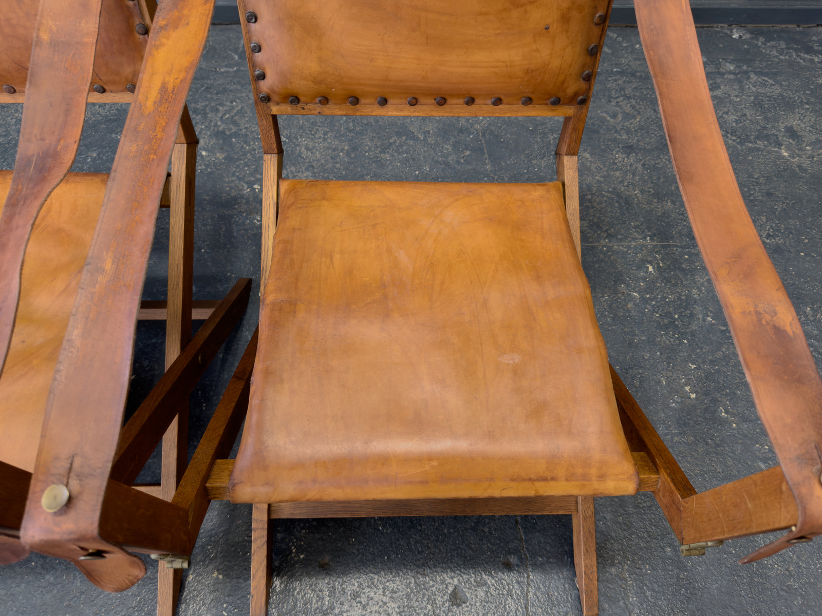 Oak and Leather Foldable Swedish Safari Chairs