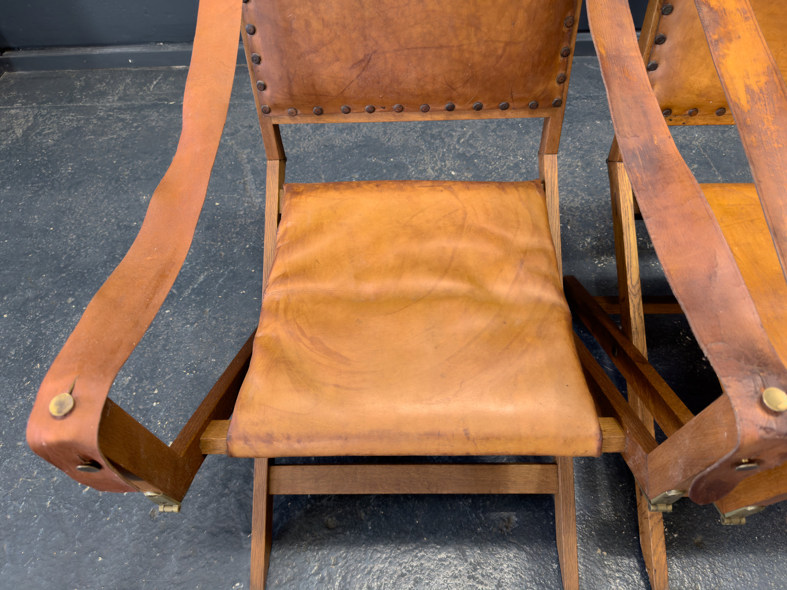 Oak and Leather Foldable Swedish Safari Chairs
